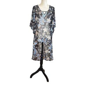 One World Floral Sheer High-Low Dress Cover-Up Blue & Beige Flowers Fit One Size